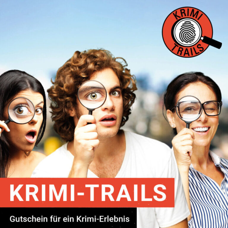 Krimi-Trails Gutschein Erlebnisgeschenk: Drei Personen halten Lupen vor ihre Augen vor unscharfem Schweizer Stadthintergrund – perfekt als Gruppenerlebnis.