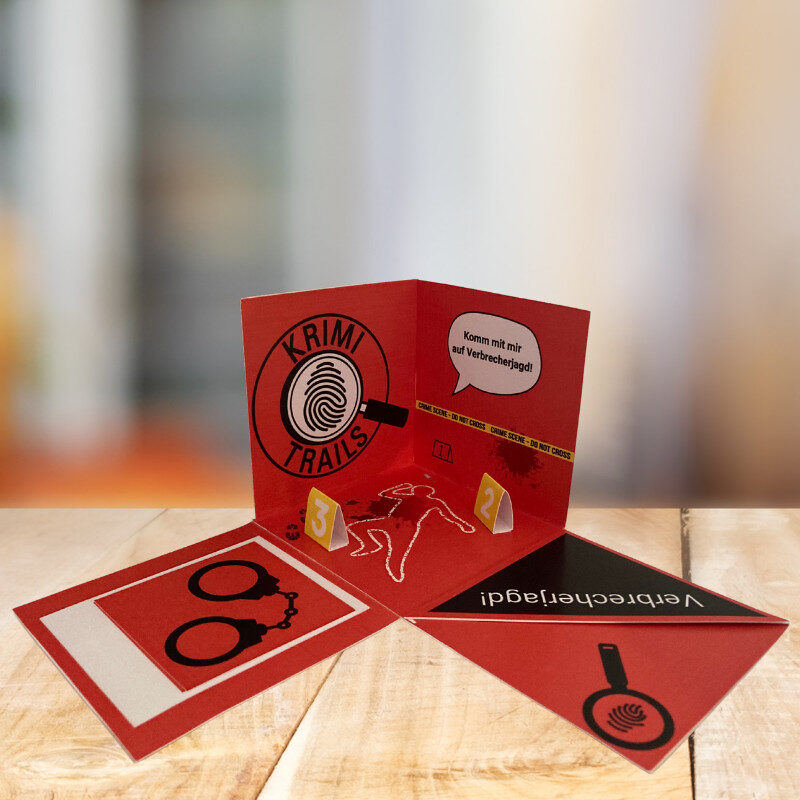 Produktbild_Geschenkbox_KT (1) Geöffnete DIY-Geschenkbox mit Krimi-Trail Gutschein-Bastelvorlage zum Ausdrucken
